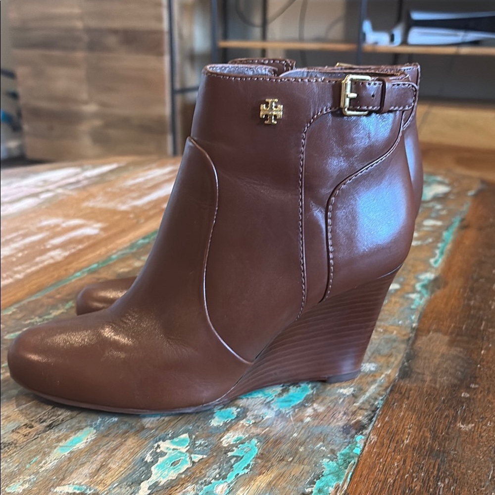 Tory Burch Brown Leather Wedge Ankle Boot